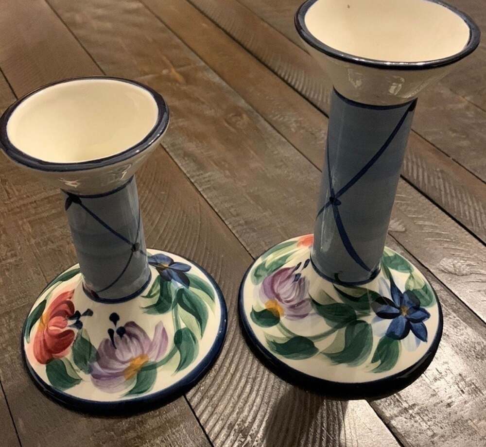 Gail Pittman Hand Painted Floral Ceramic Candlestick Holders